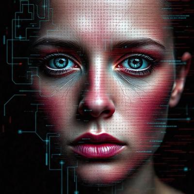 The primary subject of the image is a woman with red lips and blue eyes. She is the main focus of the image. The setting is a dark background, which contrasts with the woman's face. The visual style is a digital art or illustration, as the woman's face is depicted with a futuristic, computer-generated appearance. The colors and mood of the image are predominantly dark and mysterious, with the red lips and blue eyes adding a touch of vibrancy to the overall atmosphere.